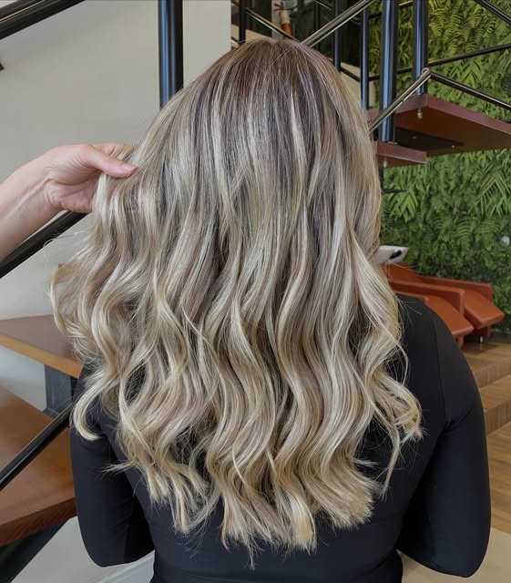 Cabelo loiro ondulado criado na PerVoí, visto de costas